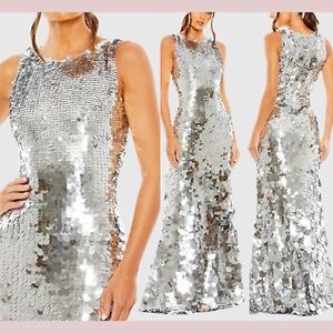Mac Duggal Silver Sequin Maxi Dress